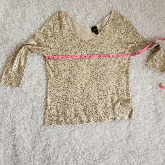 Eileen Fisher 80% Silk Cotton Sz L Vintage Gold Sequin V-Neck Top Party Evening - Picture 12 of 16